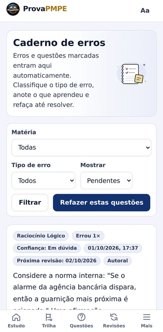 Caderno de erros no celular com filtros por matéria e tipo de erro