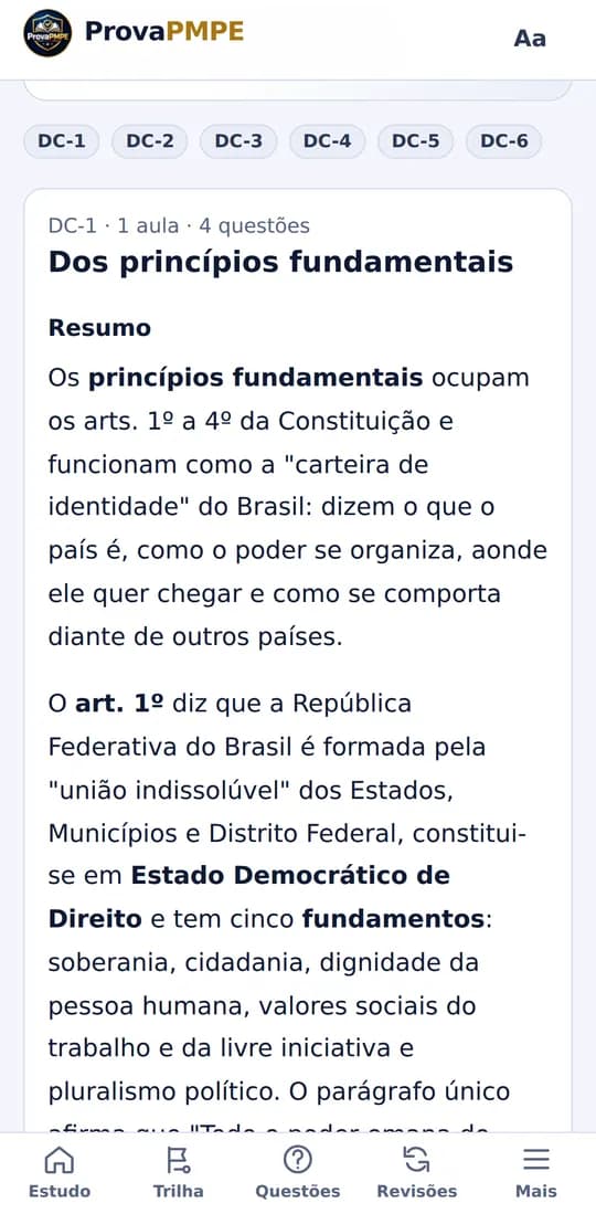 Guia da prova no celular com o resumo de um item do edital