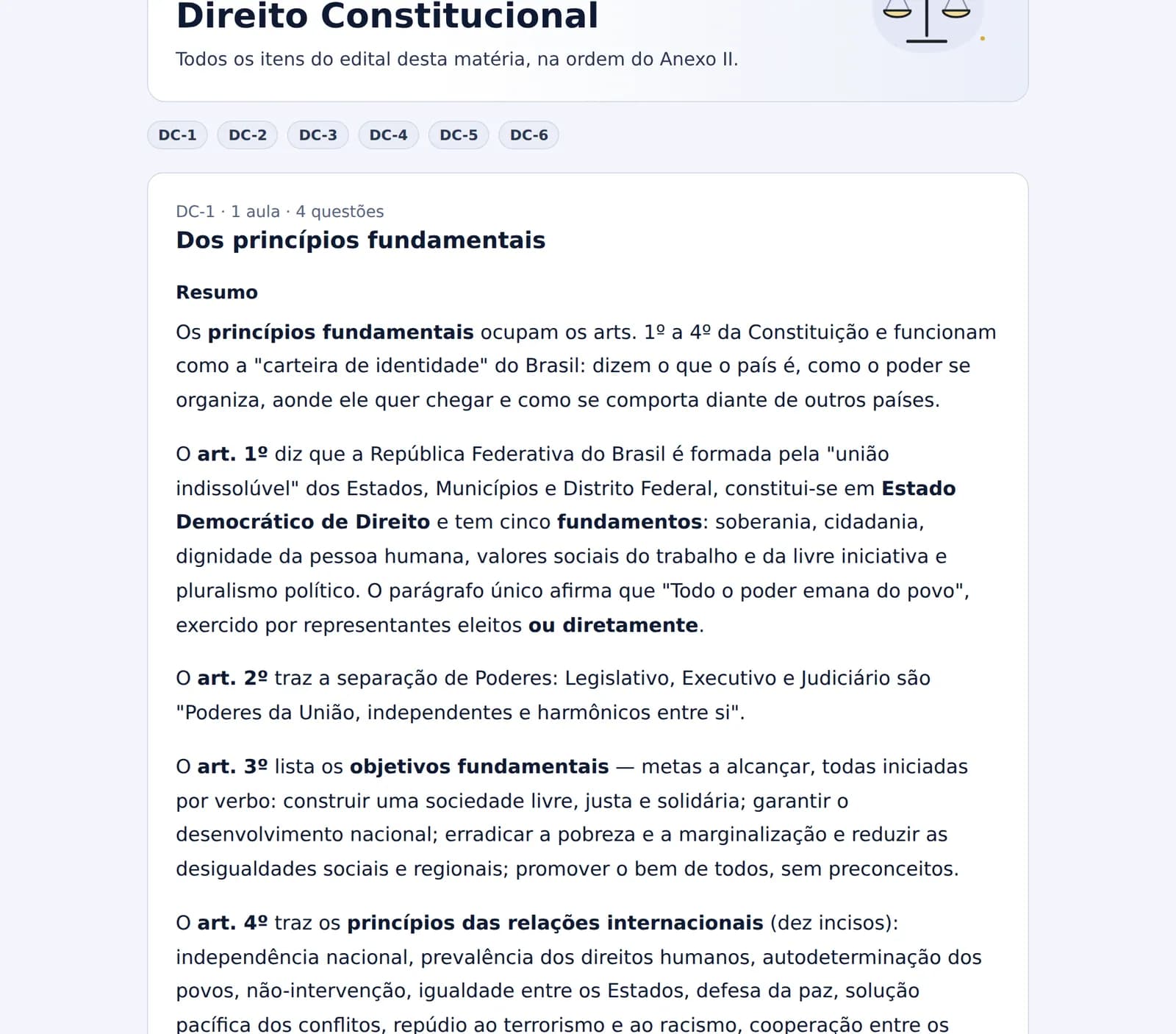 Guia da prova de Direito Constitucional com o resumo do item DC-1, princípios fundamentais