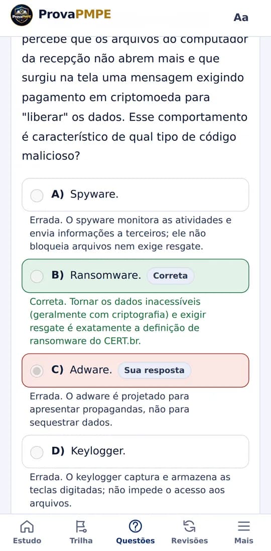 Questão corrigida no celular: a resposta marcada aparece em vermelho, a correta em verde e cada alternativa tem explicação