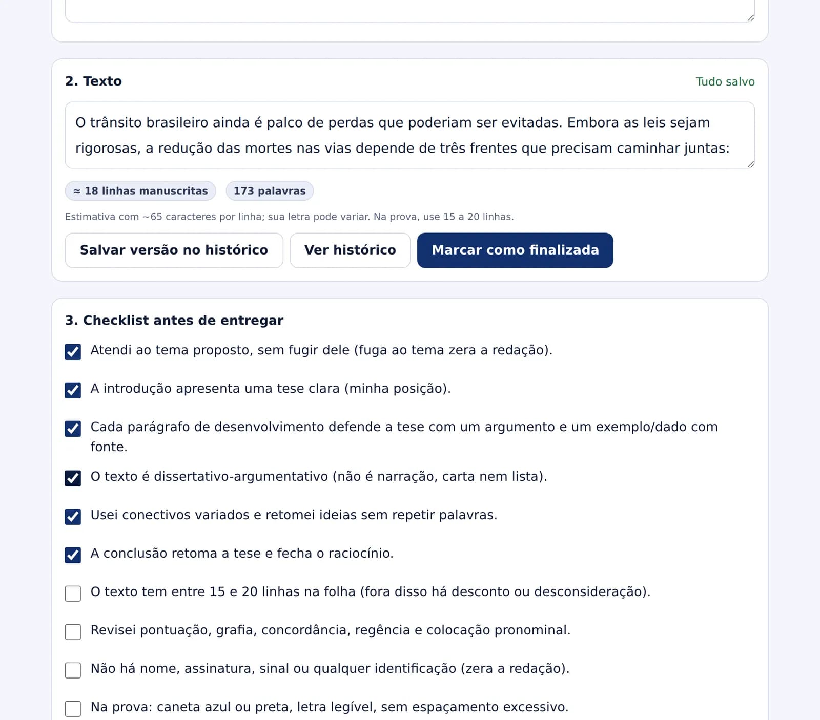 Editor de redação com o texto sobre os desafios para reduzir as mortes no trânsito, contador de linhas e planejamento