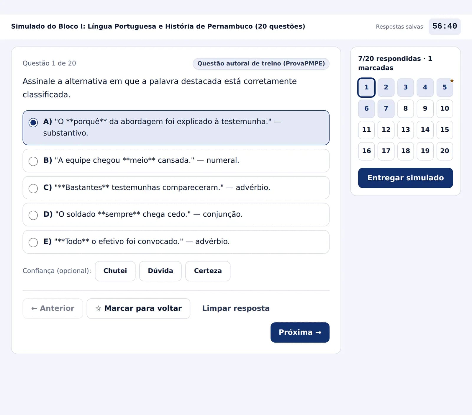 Simulado do Bloco I em andamento com cronômetro, texto-base, grade de navegação com 20 questões e botão Entregar simulado
